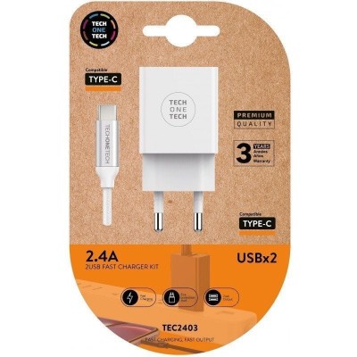 Cargador de Pared Tech One Tech TEC2403/ 2xUSB + Cable USB