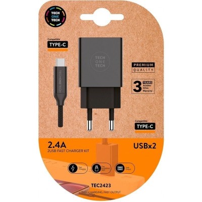 Cargador de Pared Tech One Tech TEC2423/ 2xUSB + Cable USB