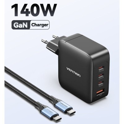 Cargador Gan de Pared Vention FEIB0-EU/ 3xUSB Tipo-C + Cable