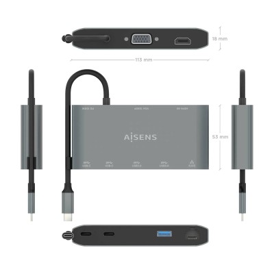 Docking USB Tipo-C Aisens ASUC-8P010-GR/ 1xHDMI/ 1xVGA/ 2xUSB/