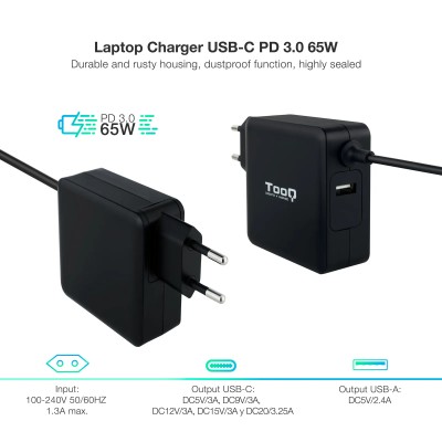 Cargador de Portátil TooQ TQLC-USBC65PD USB Tipo-C/ 65W/