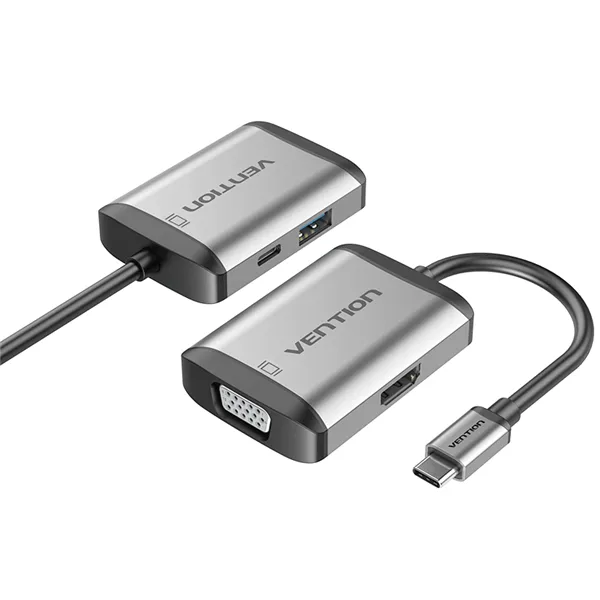 Conversor Vention TFAHB/ 1xUSB/ 1xHDMI/ 1xVGA/ 1xUSB Tipo-C PD/ 15cm/ Gris