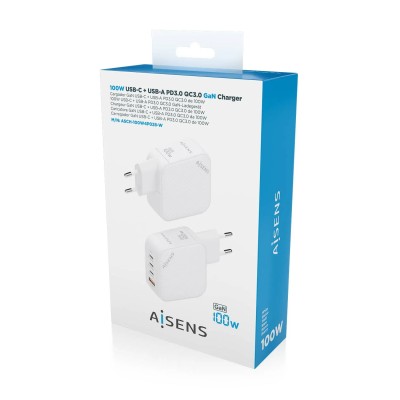 Cargador Gan de Pared Aisens ASCH-100W4P028-W/ 3xUSB Tipo-C/ 1x