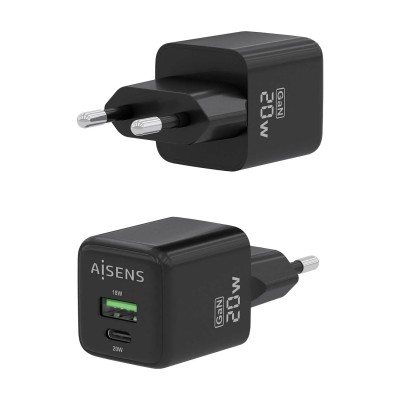 Cargador Gan de Pared Aisens ASCH-20W2P011-BK/ 1xUSB Tipo-C/