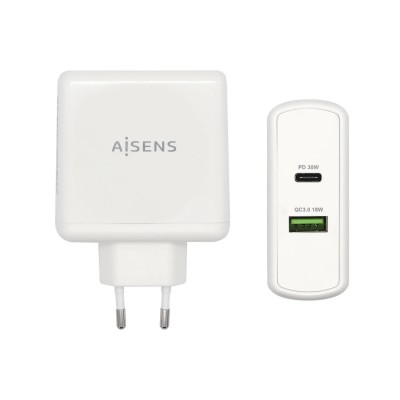 Cargador de Pared Aisens ASCH-2PD30QC-W/ 1xUSB Tipo-C/ 1x USB/