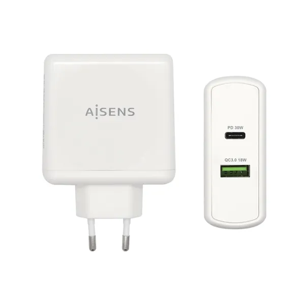 Cargador de Pared Aisens ASCH-2PD30QC-W/ 1xUSB Tipo-C/ 1x USB/ 48W