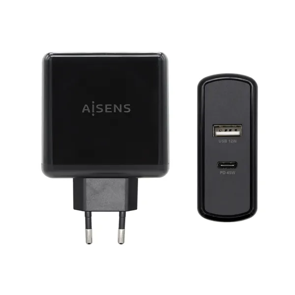 Cargador de Pared Aisens ASCH-2PD45A-BK/ 1xUSB Tipo-C/ 1x USB/ 57W