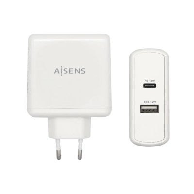 Cargador de Pared Aisens ASCH-2PD45A-W/ 1xUSB Tipo-C/ 1x USB/