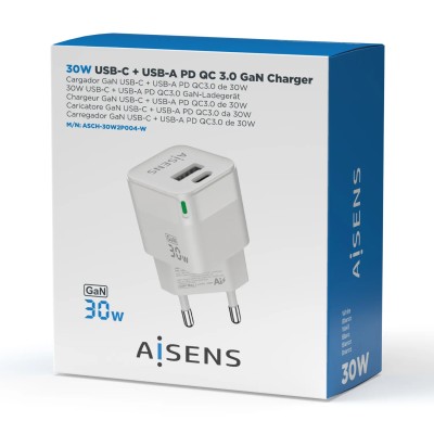 Cargador Gan de Pared Aisens ASCH-30W2P004-W/ 1xUSB Tipo-C/