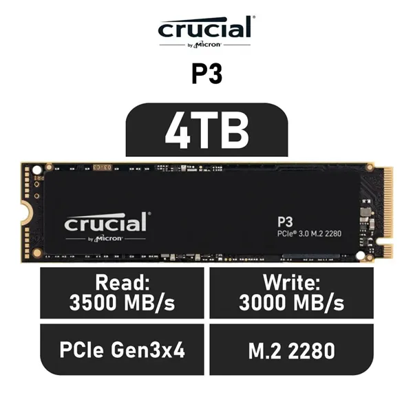 Crucial P3 SSD 4TB NVMe a 3500MB/s PCIe 3.0 M.2 2280