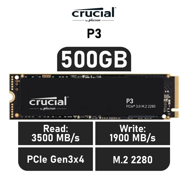 Crucial P3 SSD 500GB NVMe a 3500MB/s PCIe 3.0 M.2 2280