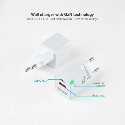 Cargador de Pared TooQ TQWC-GANQCPD30WT/ 1xUSB Tipo-C/ 1xUSB/