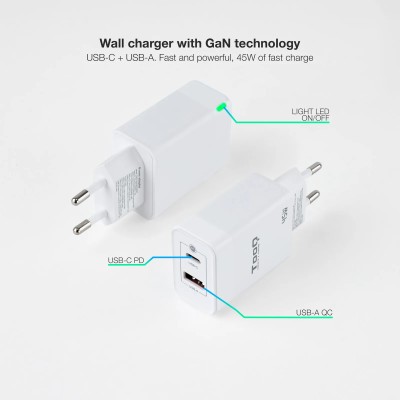 Cargador Gan de Pared TooQ TQWC-GANQCPD45WT/ 1xUSB Tipo-C/