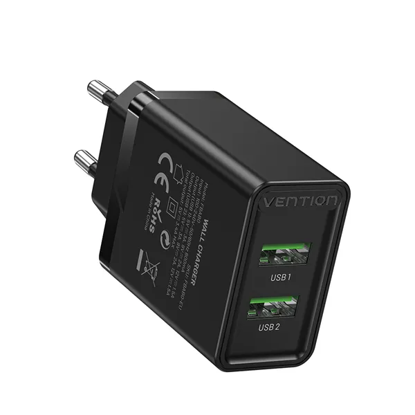 Cargador de Pared Vention FBAB0-EU/ 2xUSB/ 18W/ Negro