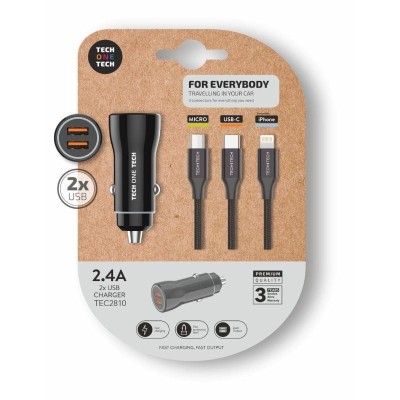 Cargador de Coche Tech One Tech TEC2810/ 2xUSB + Cable 3 en 1/