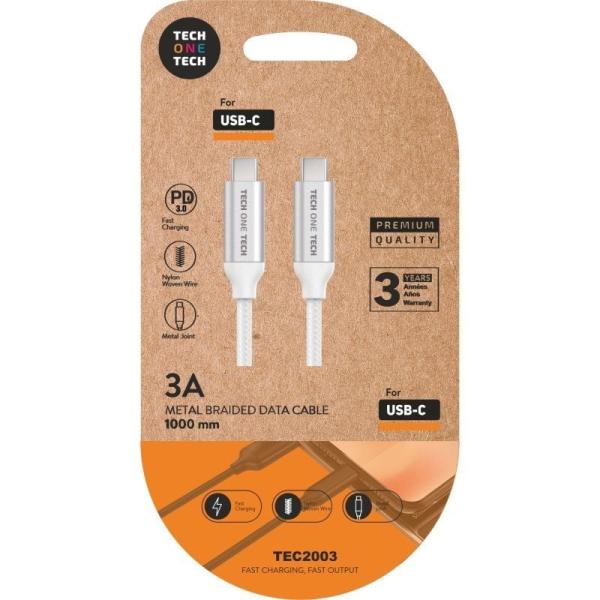 Cable USB 2.0 Tipo-C Tech One Tech TEC2204/ USB Tipo-C Macho - USB Tipo-C Macho/ 1m/ Blanco