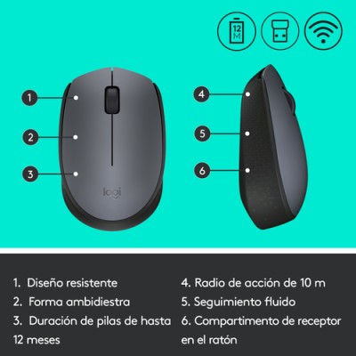 Ratón Inalámbrico Logitech M170/ Hasta 1000 DPI/ Gris