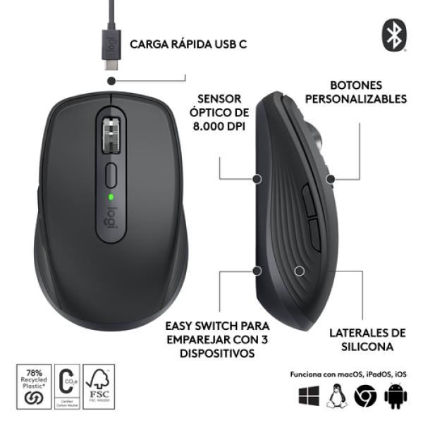 Ratón Inalámbrico por Bluetooth Logitech MX Anywhere 3S/ Batería recargable/ Hasta 8000 DPI/ Grafito