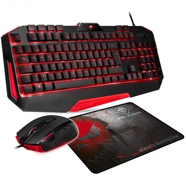 Spirit of Gamer Kit GAMING Retroiluminado Alfombrilla, Teclado,Ratón por cable, Negro/Rojo