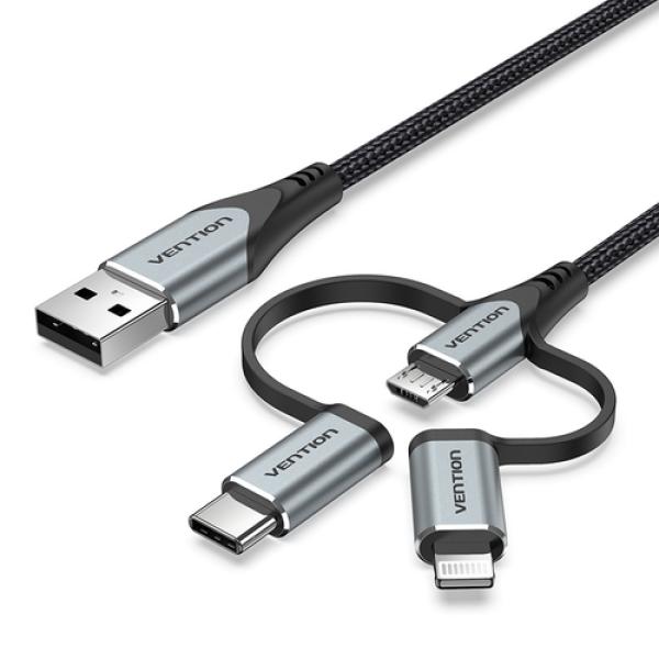 Cable USB 2.0 Tipo-C Vention CQJHF/ USB Macho/ USB Tipo-C Macho - MicroUSB Macho - Lightning Macho/ 480Mbps/ 1m/ Gris