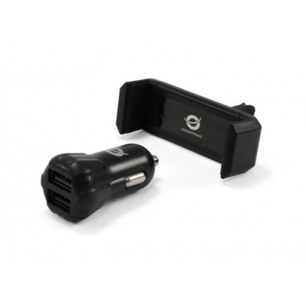 Cargador De Coche Conceptronic 5v 2xusb Para Coche 12/24v + Soporte Smartphone Toma Ventilacion Cusbcar2akit