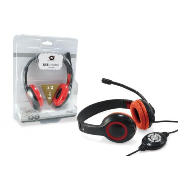 Headset Conceptronic Chatstar2u2r Usb Microfono Flexible Control De Volumen Color Negro / Rojo Cchatstaru2r