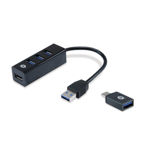 Hub Usb 3.0 Conceptronic Hubbies04b 4 Puertos Usb 3.0 Color Negro Y Adaptador A Usb-c