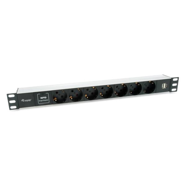 Regleta Alimentacion Aluminio Rack 19" 1u 7 Tomas Tipo Shucko Euro + 2 Tomas Usb Con Protector Spd Cable 1.8m