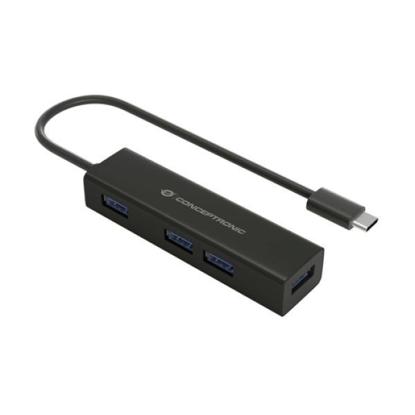 Hub Usb-c 3.0 Conceptronic Hubbies07b 4 Puertos Usb 3.0 Color Negro Carcasa De Aluminio