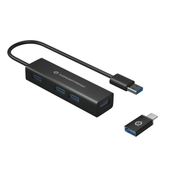 Hub Usb 3.0 Conceptronic Hubbies06b 4 Puertos Usb 3.0 Con Adaptador Usb-c Color Negro Carcasa De Aluminio