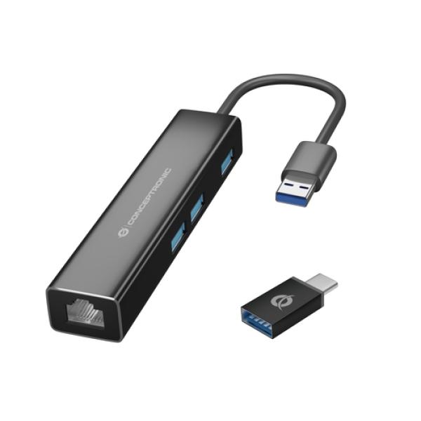 Adaptador Usb A Gigabit Ethernet Rj45 Conceptronic Con Hub Usb 3.0 3 Puertos Y Adaptador Usb-c