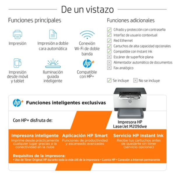 Impresora Laser Monocromo Hp Laserjet M209dwe 29ppm Duplex Wifi Ethernet Bt Bandeja 150 Hojas Toner 135a/x