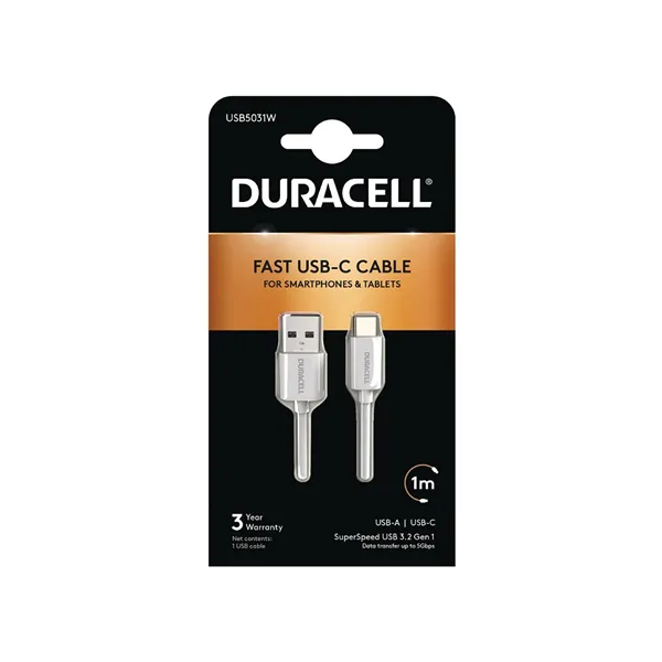 Cable USB 3.0 Tipo-C Duracell USB5031W/ USB Tipo-C Macho - USB Macho/ 1m/ Blanco