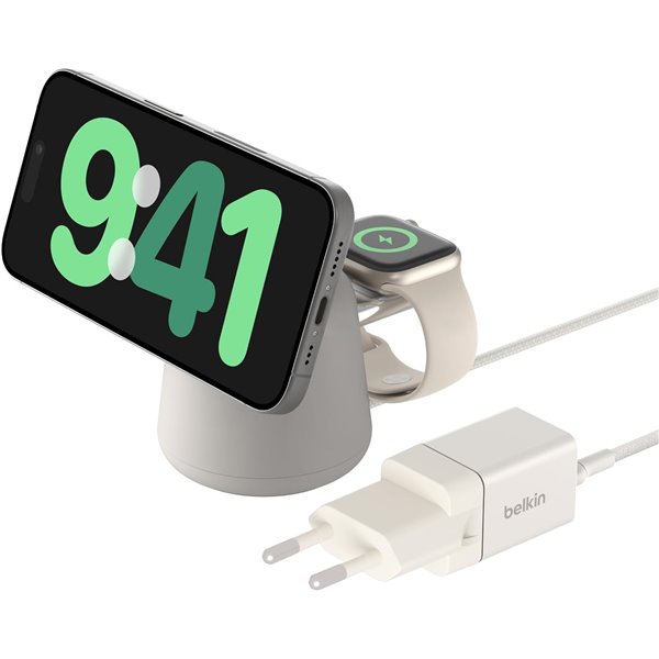 Belkin BoostCharge Pro Sand - Estación de carga inalámbrica 2 en 1 con MagSafe de 15W AirPods/iPhone/Watch