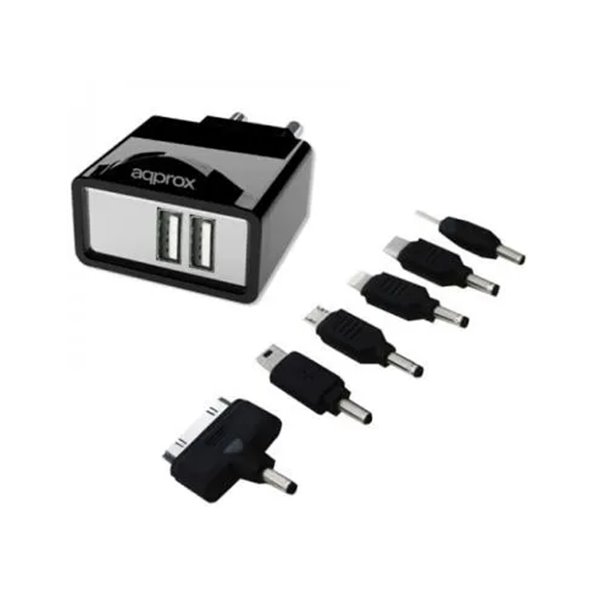 Cargador De Pared Approx Para Red Domestica Dos Usb 5v 2.1a Color Negro Incorpora 7 Tips - Oferta_moving