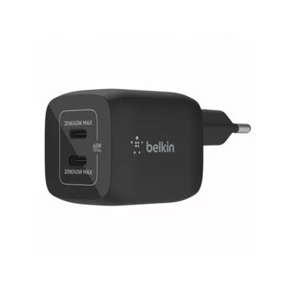 Cargador De Pared Belkin Wch011vfbk Doble Usb-c Gan Boost Charge Pro 45w (25w+20w) Negro