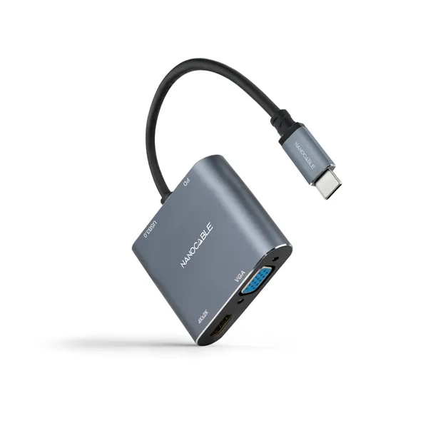 Conversor Nanocable 10.16.4304/ USB Tipo-C Macho/ HDMI 4K Hembra - VGA Hembra - USB Tipo-C PD Hembra - USB Hembra/ 15cm/ Gris