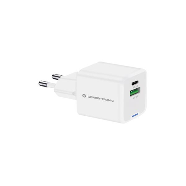 Cargador De Pared Conceptronic Usb-c X1 Usb-ax1 Quickcharge 3.0 Gan Pps 20w Color Blanco