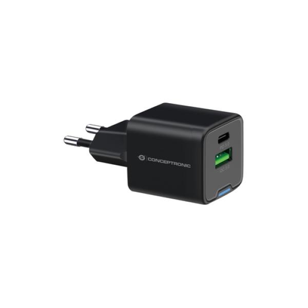 Cargador De Pared Conceptronic Usb-c X1 Usb-ax1 Quickcharge 3.0 Gan Pps 20w Color Negro