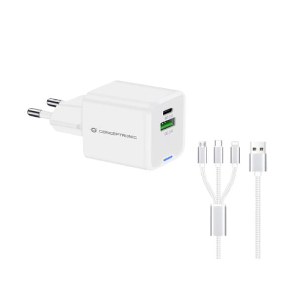 Cargador De Pared Conceptronic Usb-c X1 Usb-ax1 Quickcharge 3.0 Gan Pps 33w Incluye Cable 3-1 Blanco