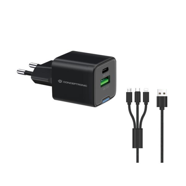 Cargador De Pared Conceptronic Usb-c X1 Usb-ax1 Quickcharge 3.0 Gan Pps 33w Incluye Cable 3-1 Negro