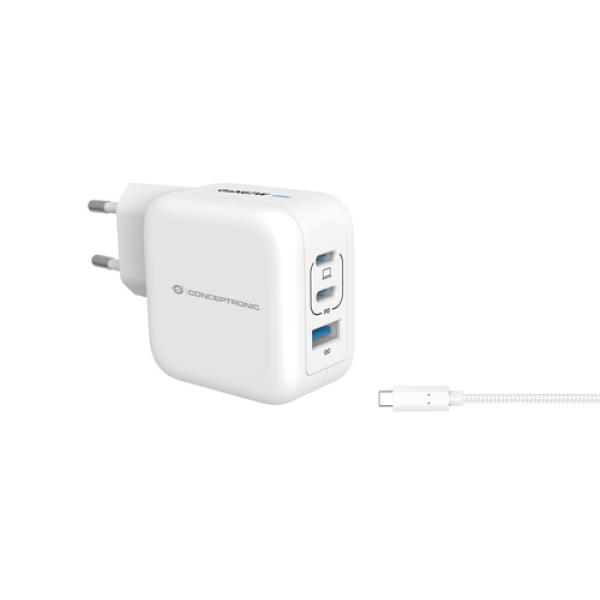 Cargador De Pared Conceptronic Usb-c X2 Usb-ax1 Quickcharge 3.0 Pps 67w  Incluye Cable Color Blanco