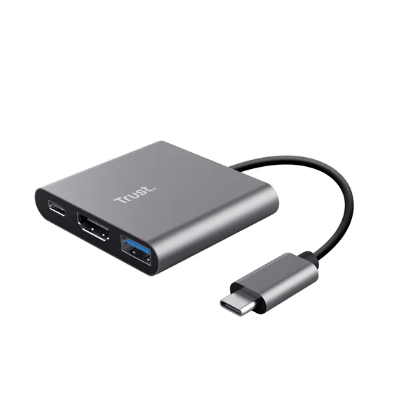 Conversor Trust Dalyx 3 IN 1/ USB Tipo-C Macho - HDMI Hembra/ USB/ USB Tipo-C PD/ 10cm/ Gris