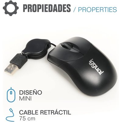 Iggual Ratón retráctil Mini 800 DPI, 3 botones USB, Negro