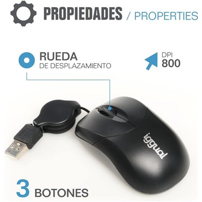 Iggual Ratón retráctil Mini 800 DPI, 3 botones USB, Negro