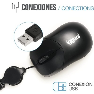 Iggual Ratón retráctil Mini 800 DPI, 3 botones USB, Negro