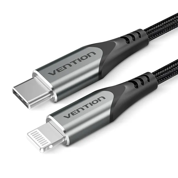 Cable USB 2.0 Tipo-C Lightning Vention TACHH/ USB Tipo-C Macho - Lightning Macho/ Hasta 27W/ 480Mbps/ 2m/ Gris y Negro