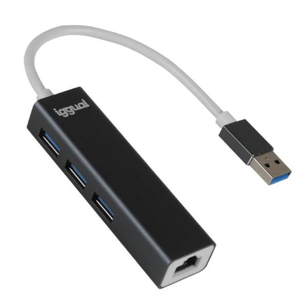 Iggual HUB USB 3.0 con RJ45 Gigabit +3x Puertos USB 3.0 para Windows/Mac/Linux, Negro