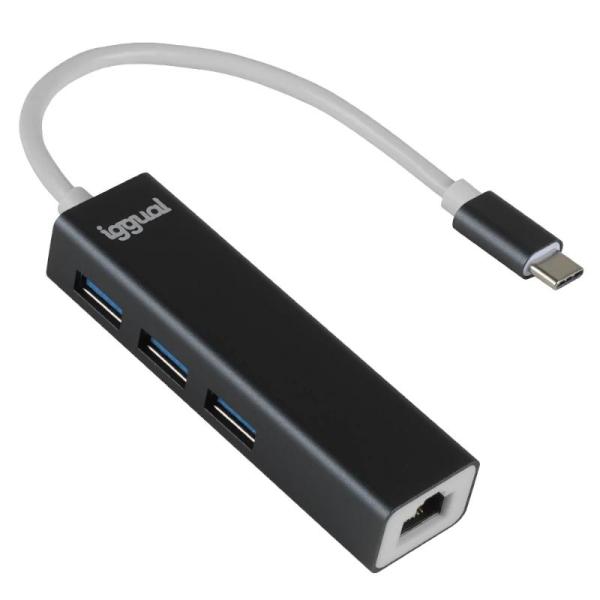 Iggual HUB USB-C con RJ45 Gigabit +3x Puertos USB 3.0 para Windows/Mac/Linux, Negro