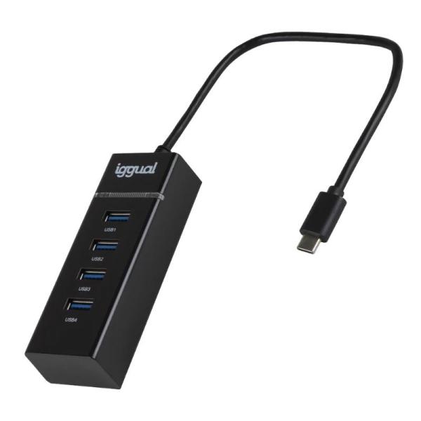 Iggual HUB USB-C 4x Puertos USB 3.0 para Windows/Mac/Linux, Negro